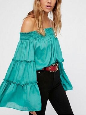Free People After Spirit Teal Off Shoulder Bohemian Top